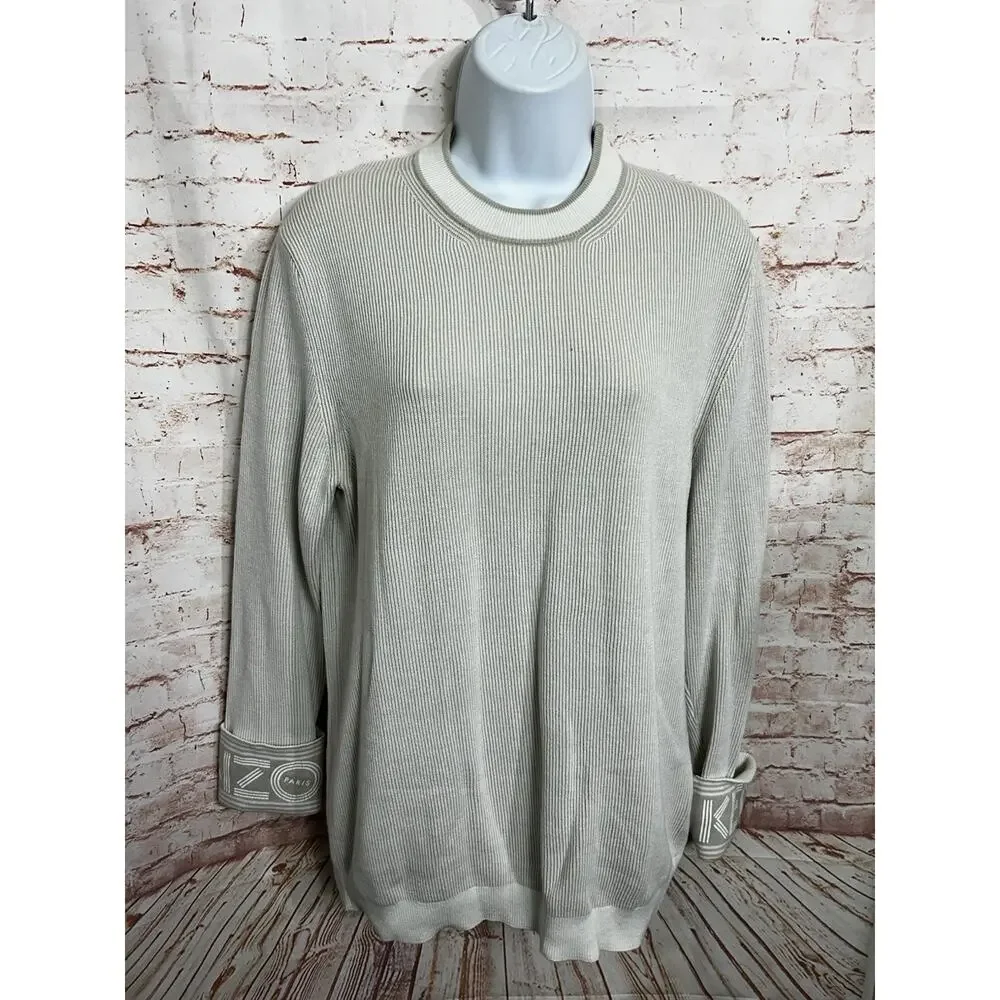 Kenzo Paris Beige Cotton Ribbed Sweater Sz Small Oversized Logo Cuffs Designer